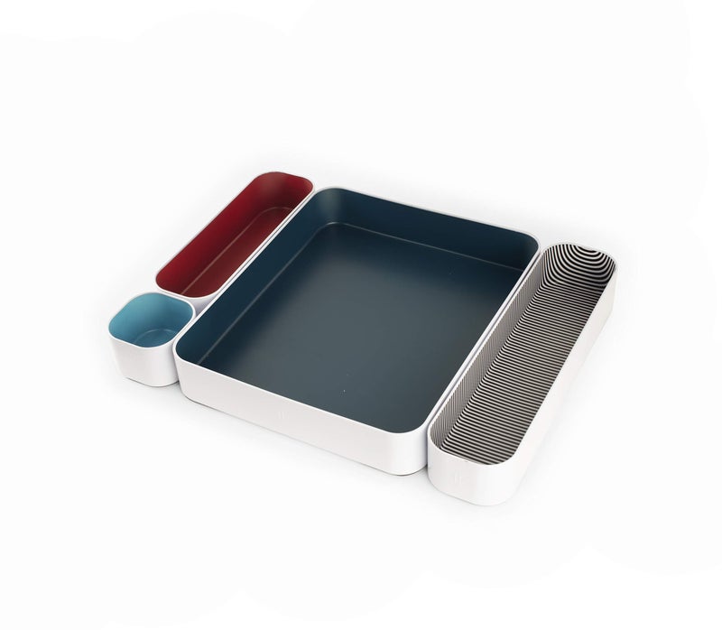 Three by Three Seattle 4 Piece Shallow Metal Organizer Tray Set for Storing Makeup, Stationery, Utensils, and More in Office, Kitchen and Bathroom Drawers (2 Inch, Berry, Sunset, Sky Blue, Stripes) - Image 1